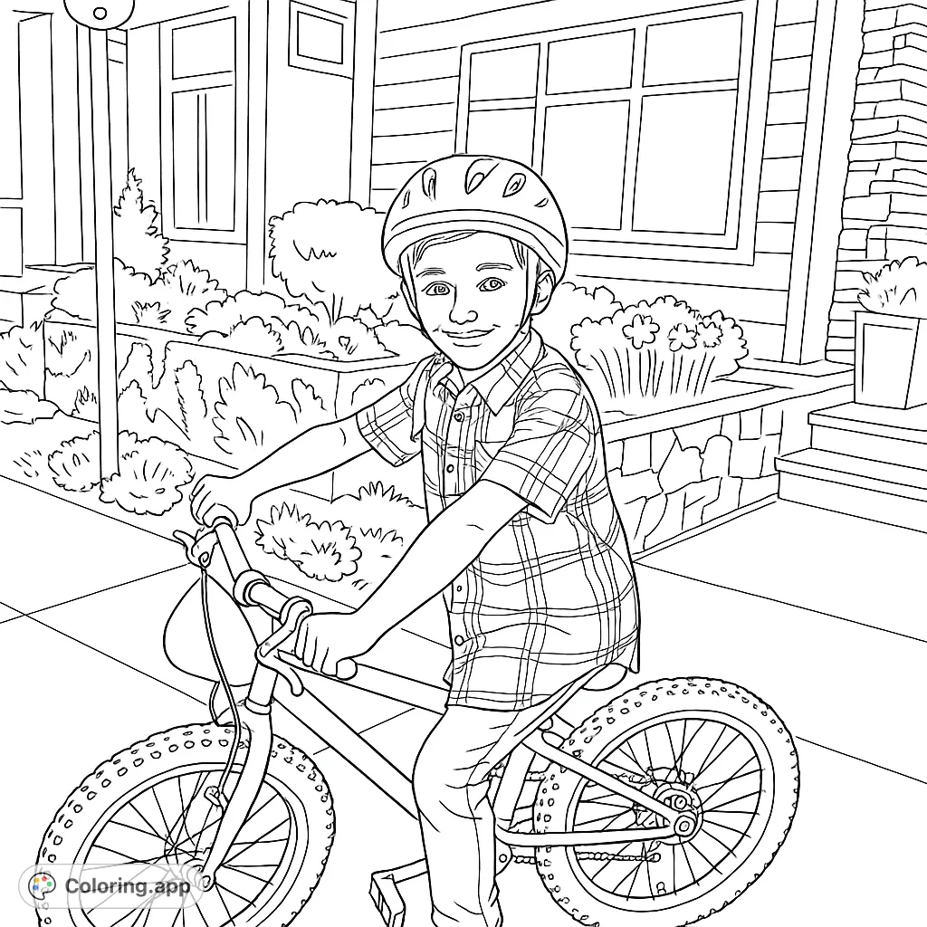 A cheerful boy on his bicycle, ready for an adventure. This free printable coloring page is perfect for young riders and outdoor fun.