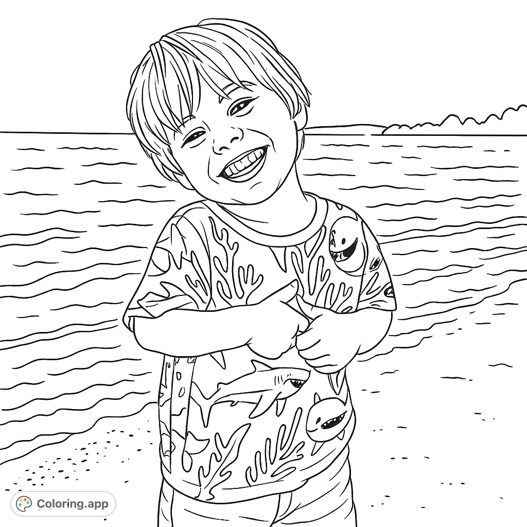 A cheerful child with a shark-patterned shirt stands by the water, offering a thumbs-up. A delightful scene for young colorists.