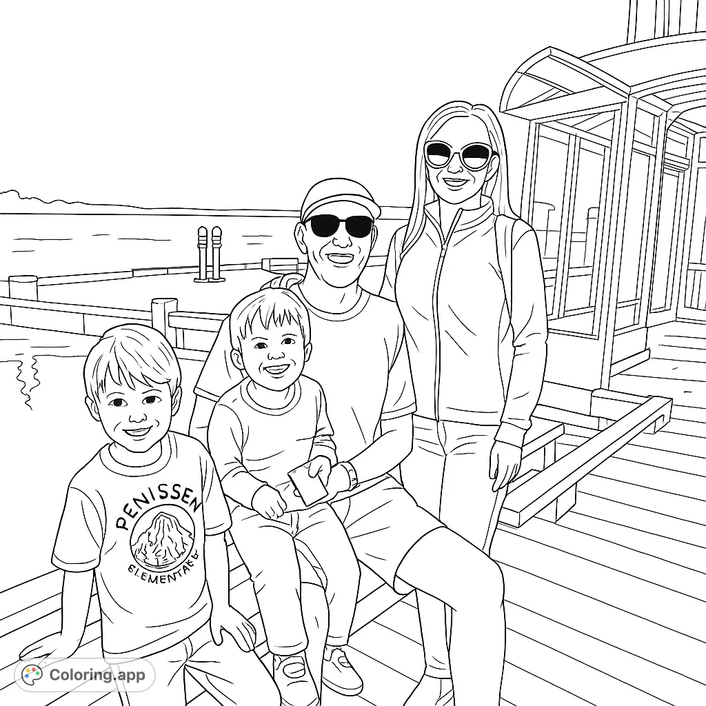 A happy family of four smiles on a sunny dock by the water, perfect for a joyful coloring experience.