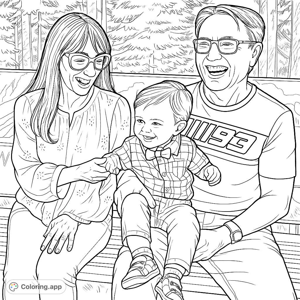 A heartwarming family coloring page featuring a couple and a toddler on a bench, surrounded by nature. Perfect for all ages.