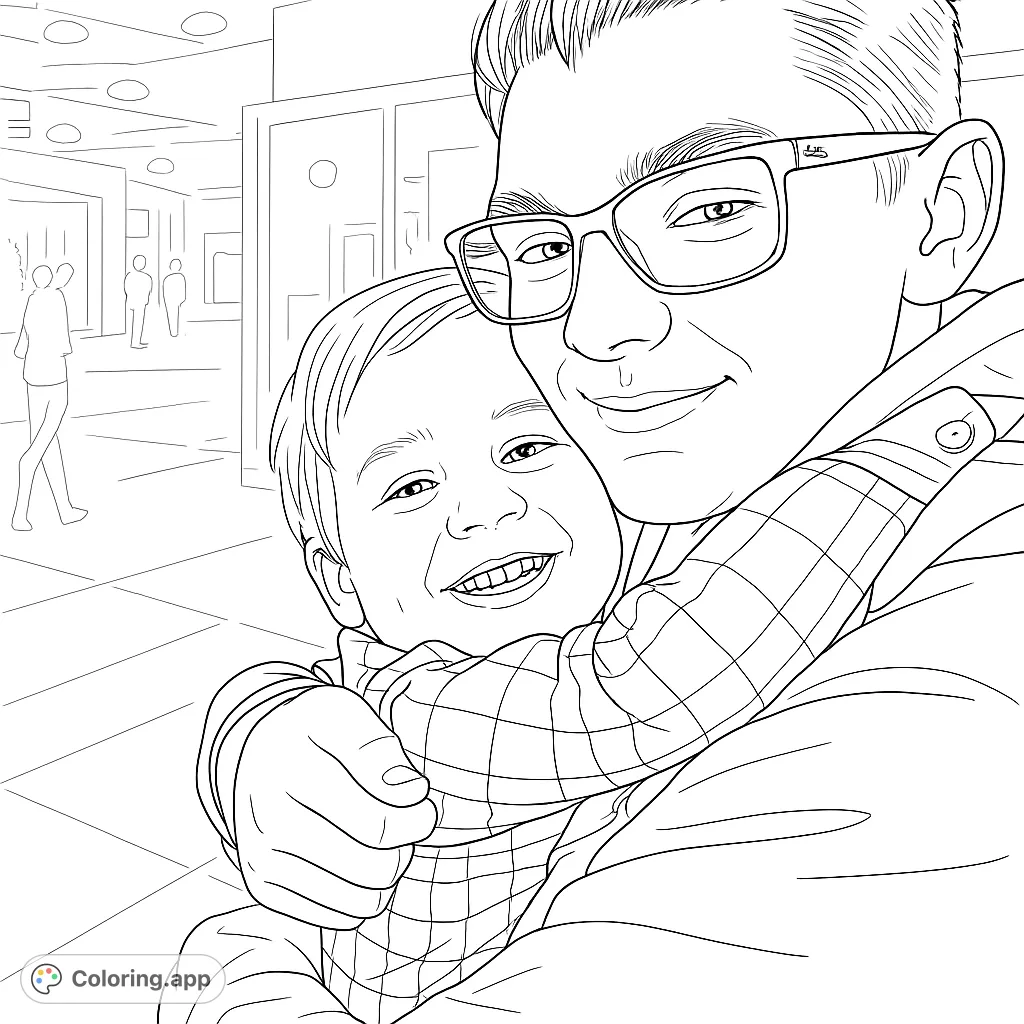 A heartwarming coloring page featuring an adult and child in a joyful embrace, both smiling. Perfect for celebrating family bonds and happy moments.