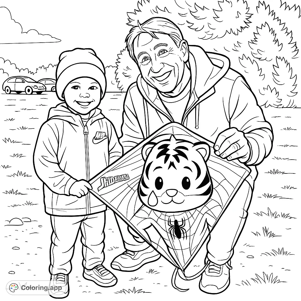 A joyful man and child prepare to fly a kite featuring a popular web-slinging hero, set against a grassy outdoor scene.