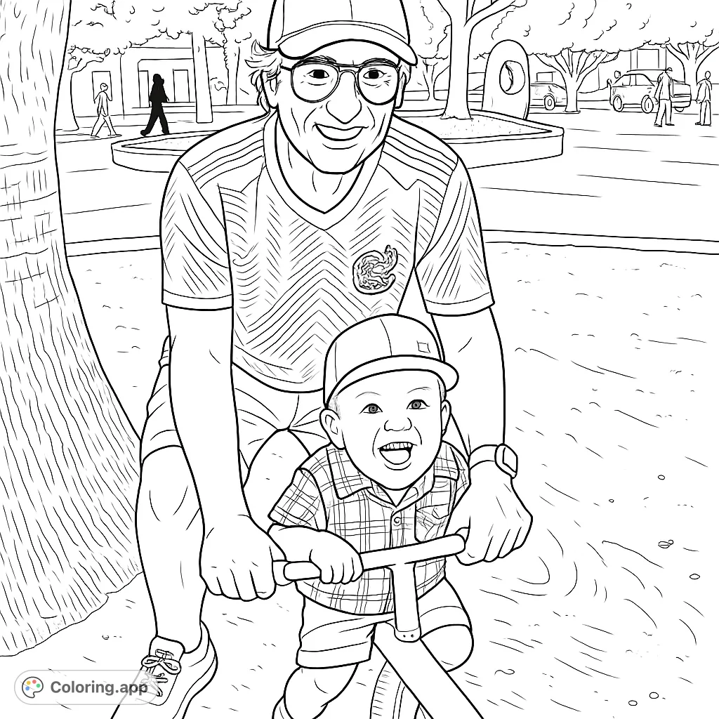 A heartwarming scene of an adult and a happy child enjoying a ride-on toy in a sandy park, perfect for a family fun coloring page.