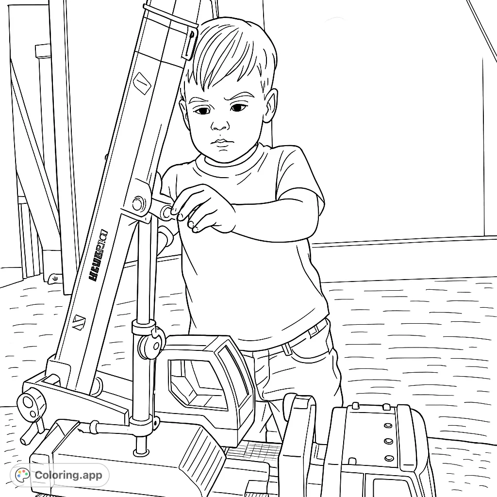A focused child plays with a large, detailed toy construction crane, perfect for young builders to color and imagine their own construction adventures.