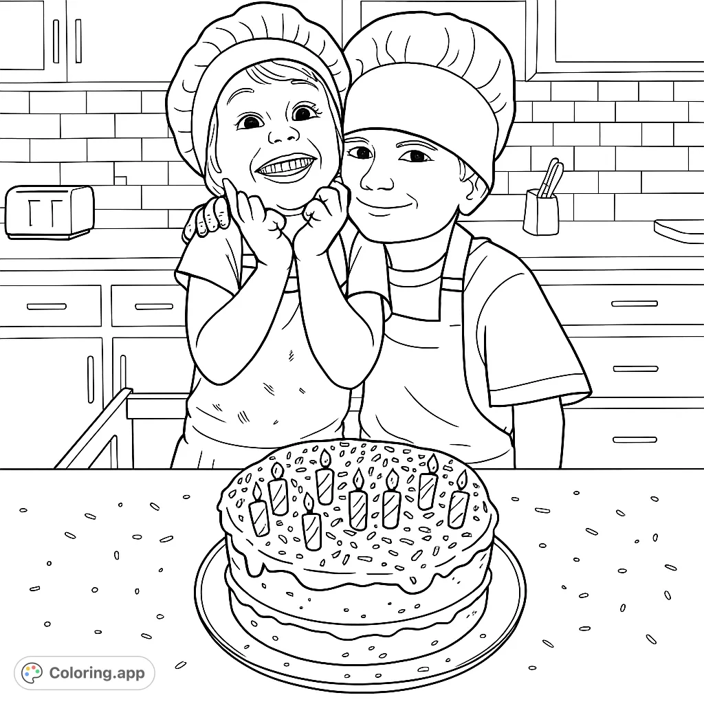 Two joyful young chefs celebrate with a sprinkle-covered birthday cake. A delightful scene for a fun coloring experience.