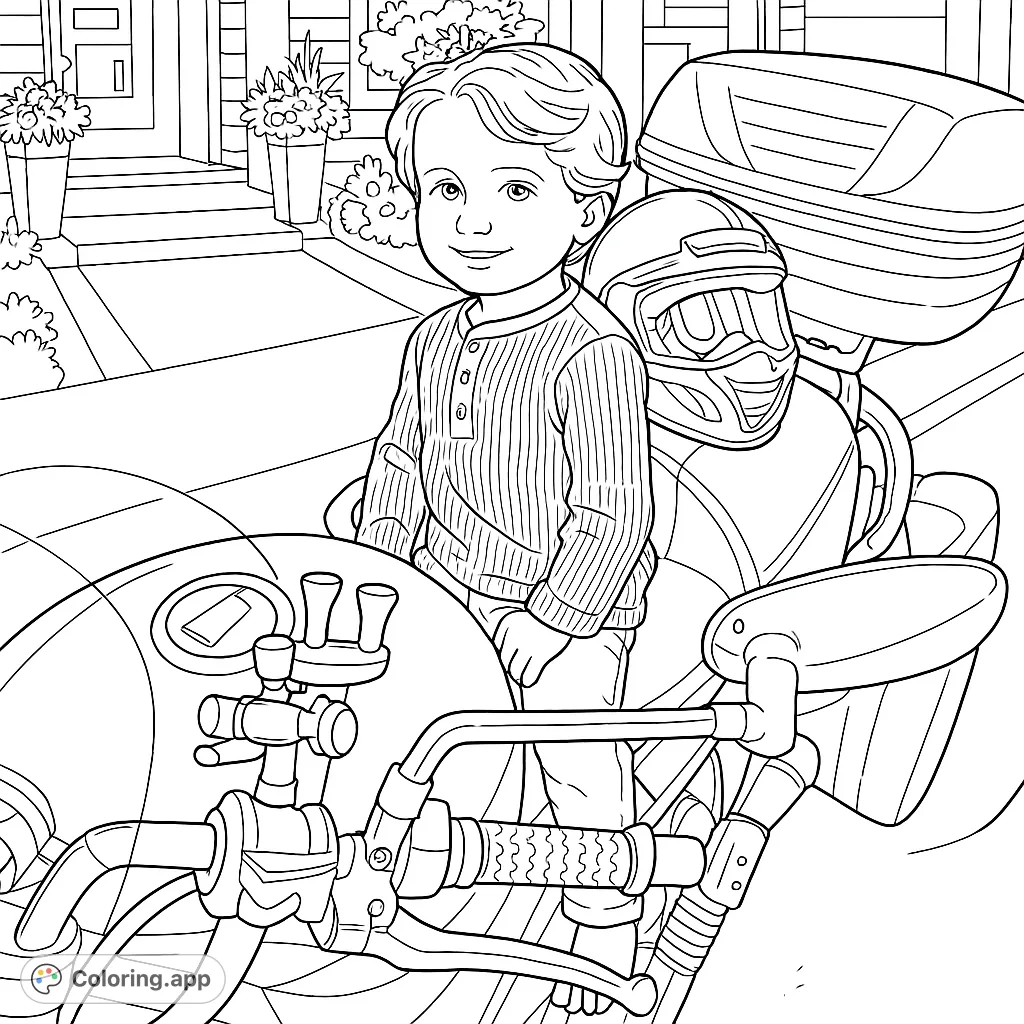 A delightful coloring page featuring a smiling child on a powerful motorcycle, ready for adventure. Perfect for young enthusiasts and aspiring riders.