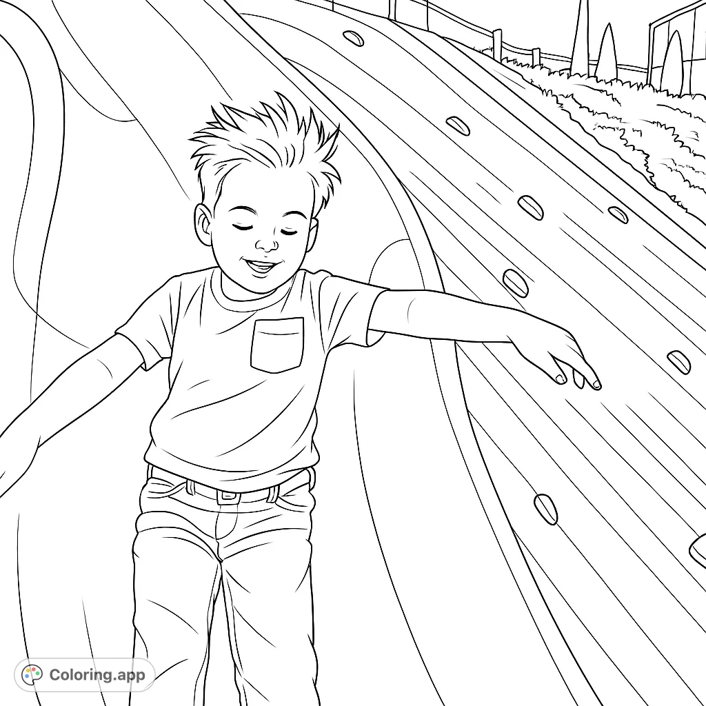 A cheerful child enjoys a thrilling ride down a playground slide, with a textured climbing wall and lush foliage in the background. Perfect for young adventurers!