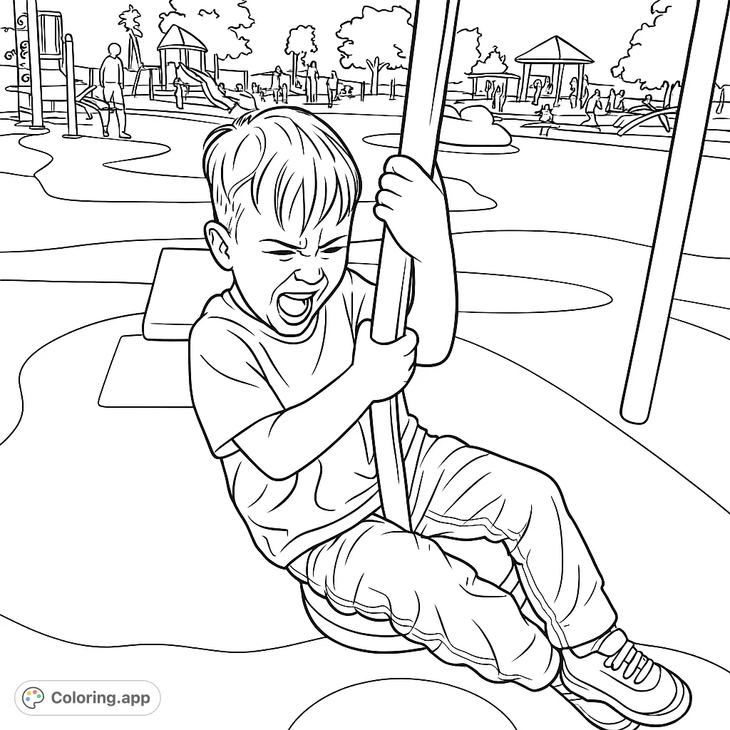 Capture the thrill of a child on a playground zip line. This fun coloring page features a joyful kid amidst various play structures, perfect for creative expression.