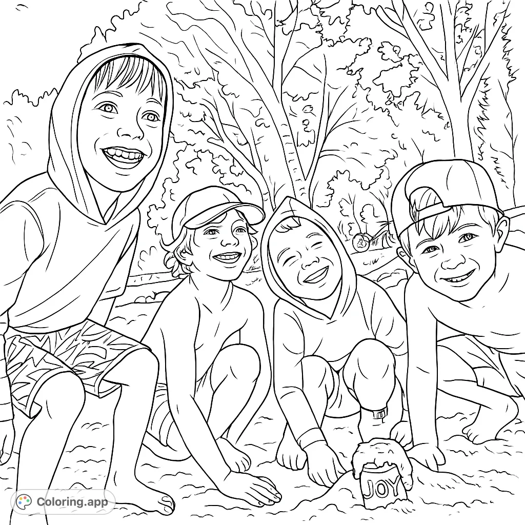 Four joyful children playing on a sandy beach, with trees in the background. A delightful scene for a fun coloring adventure.