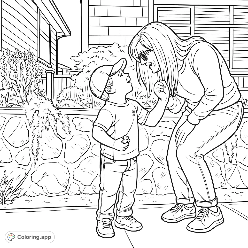 A heartwarming scene of a child offering a flower to an adult, surrounded by a garden and residential backdrop. Perfect for family-themed coloring.