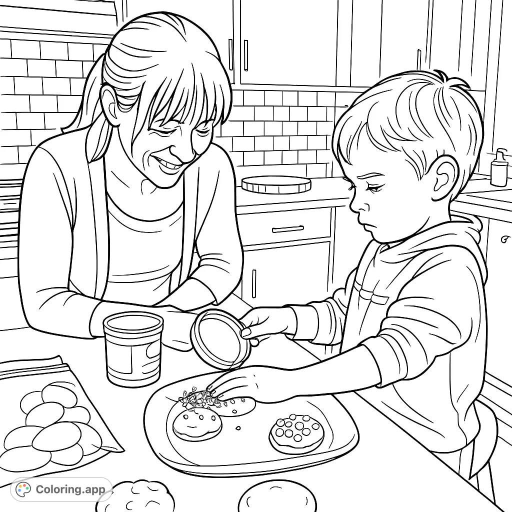 A heartwarming cookie decorating scene featuring an adult and child, perfect for a sweet and engaging coloring activity. Celebrate family fun and creativity!
