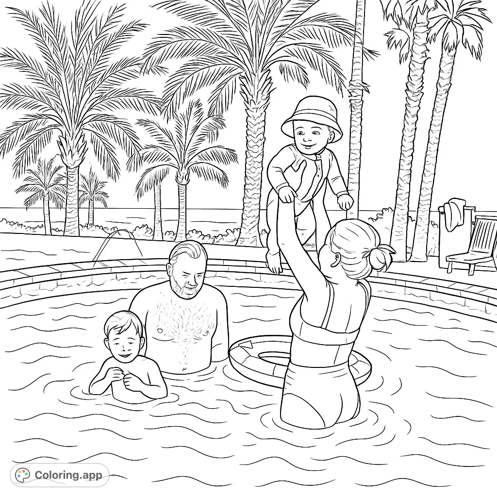 A joyful family splashes in a tropical pool, surrounded by swaying palm trees and ocean vistas. Perfect for a relaxing coloring escape.