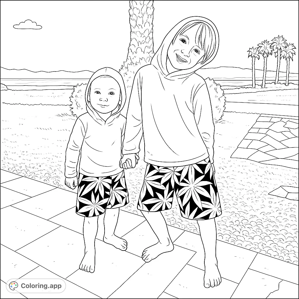 Two cheerful boys in hooded shirts and patterned shorts, holding hands by the water. A perfect tropical scene for a fun coloring adventure.