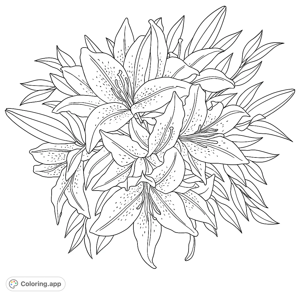 A beautiful stargazer lily bouquet coloring page, featuring intricate petals, speckled patterns, and lush foliage for a detailed floral experience.