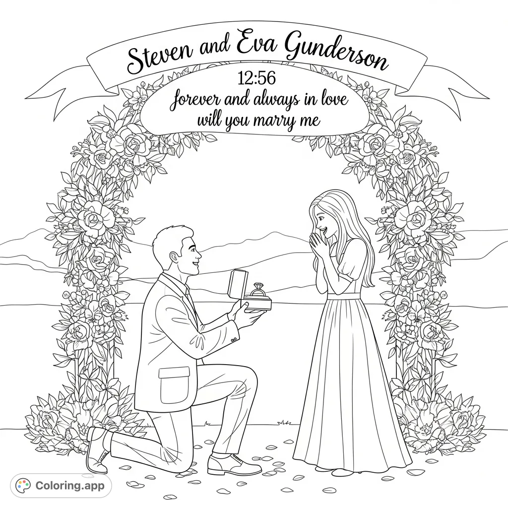 A heartfelt proposal scene featuring Steven on one knee, presenting a ring to Eva Gunderson, surrounded by romantic details and a special message.