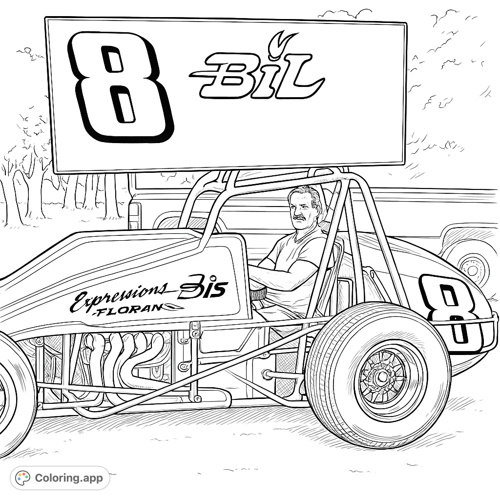 Experience the thrill of the race with this highly detailed sprint car coloring page, featuring a driver ready for action and intricate vehicle mechanics.