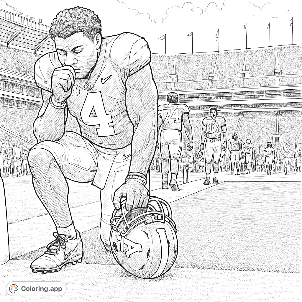Capture the intensity of a football player kneeling on the field, helmet in hand, with a stadium full of fans in the background. A detailed sports scene.