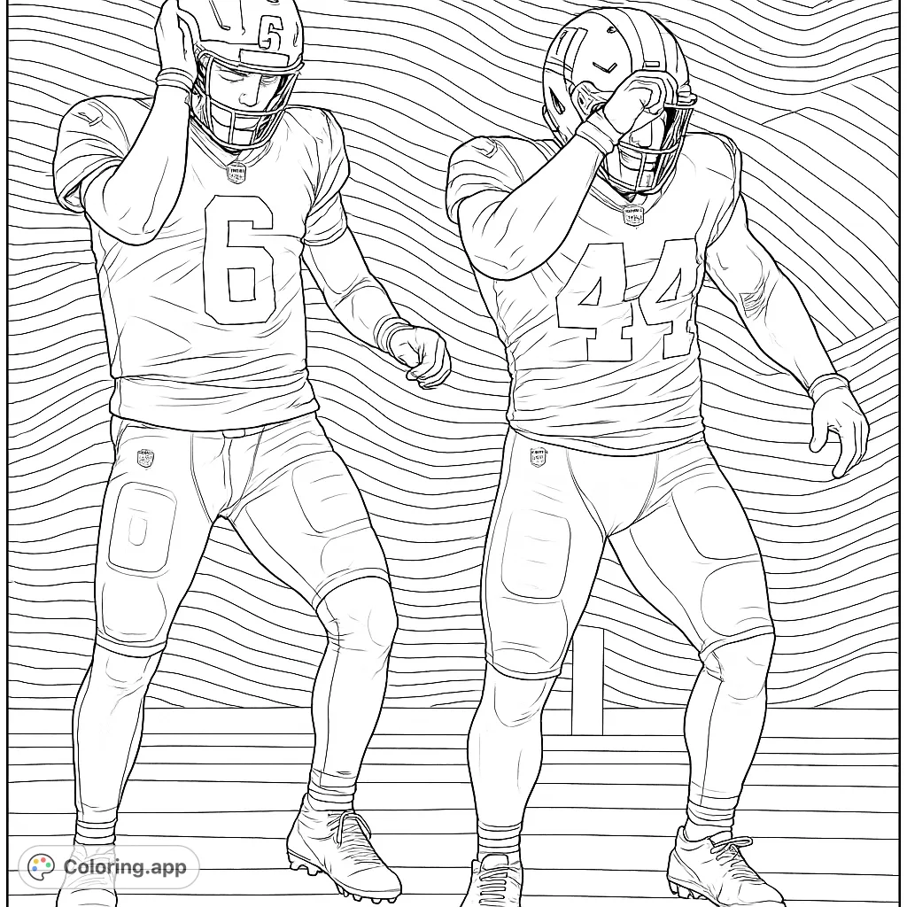 Capture the excitement of a football game with this dynamic football coloring page. Two players celebrate a victory, perfect for sports fans and detailed coloring.