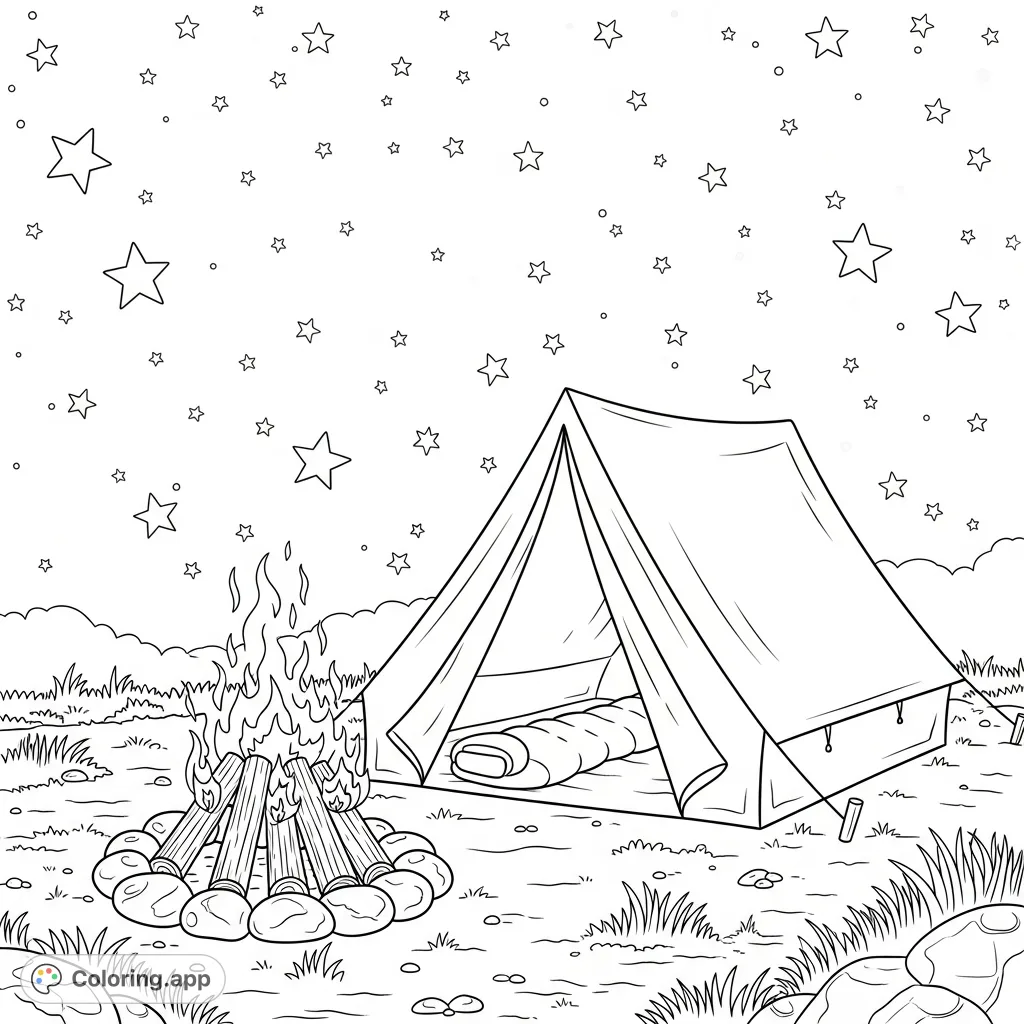 Escape to the wilderness with this cozy camping scene. A tent, campfire, and sleeping bag under a starry night await your creative touch. Perfect for relaxation.