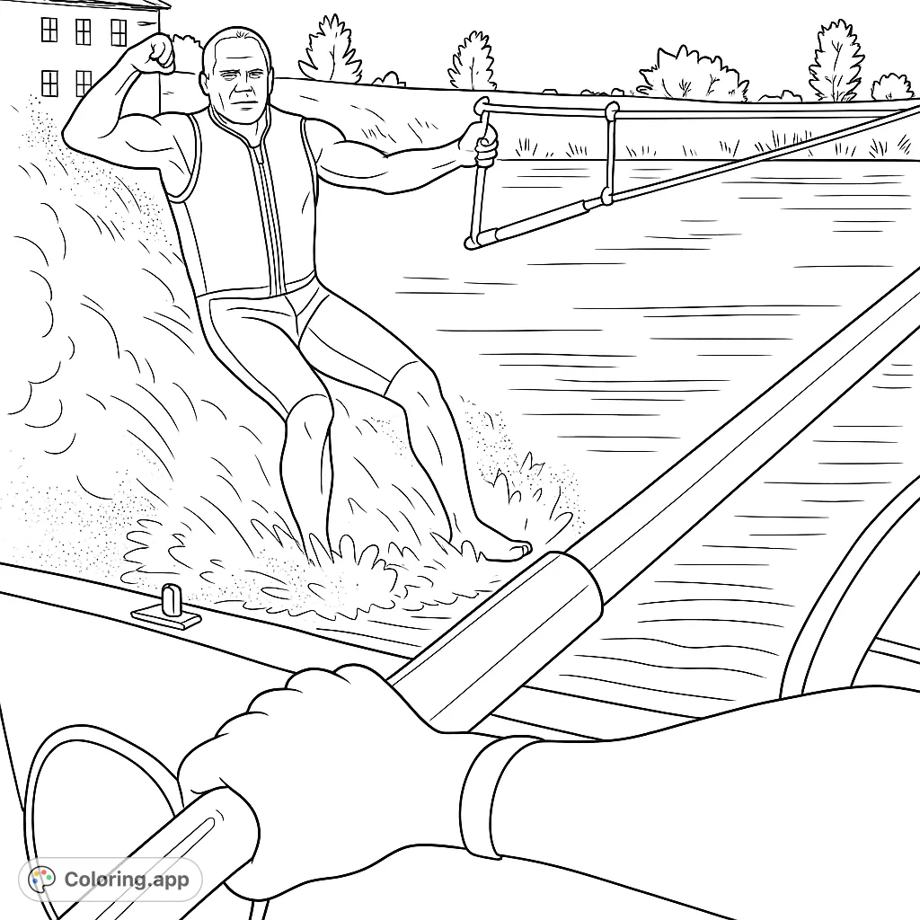 Dive into action with this waterskiing coloring page, featuring a man carving through water, creating a spectacular spray. Perfect for sports enthusiasts!