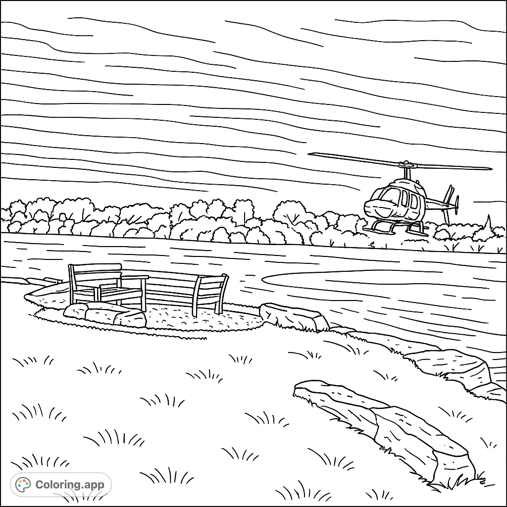 Color a dynamic scene featuring a helicopter hovering over a serene lakeside retreat with benches, rocks, and lush foliage. A captivating vehicle coloring page.