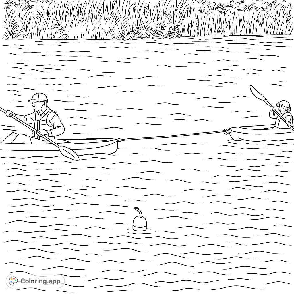 Embark on a serene kayaking adventure! This coloring page features an adult paddling, towing a child in a second kayak, surrounded by calm waters and lush vegetation.