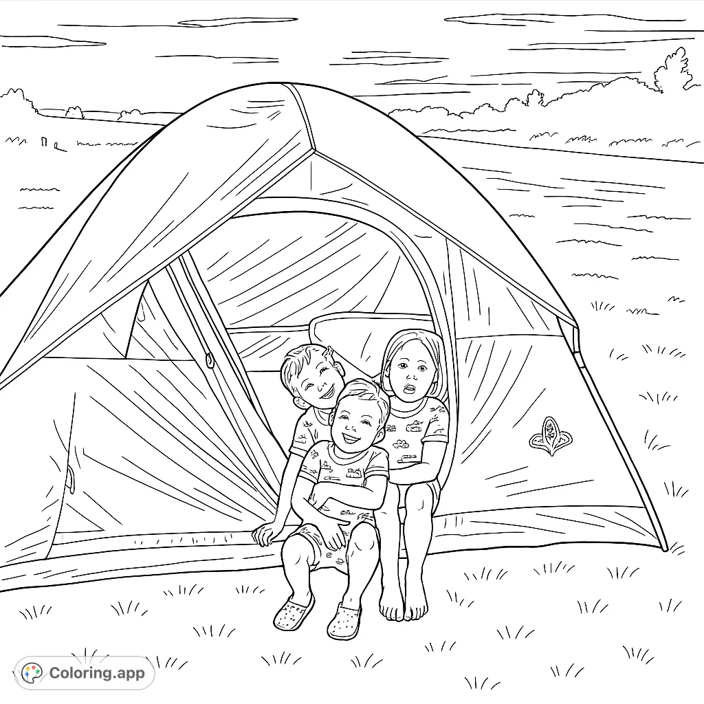Three happy children enjoy a camping adventure, peeking out from their tent under a vast sky. A fun camping coloring page for kids.