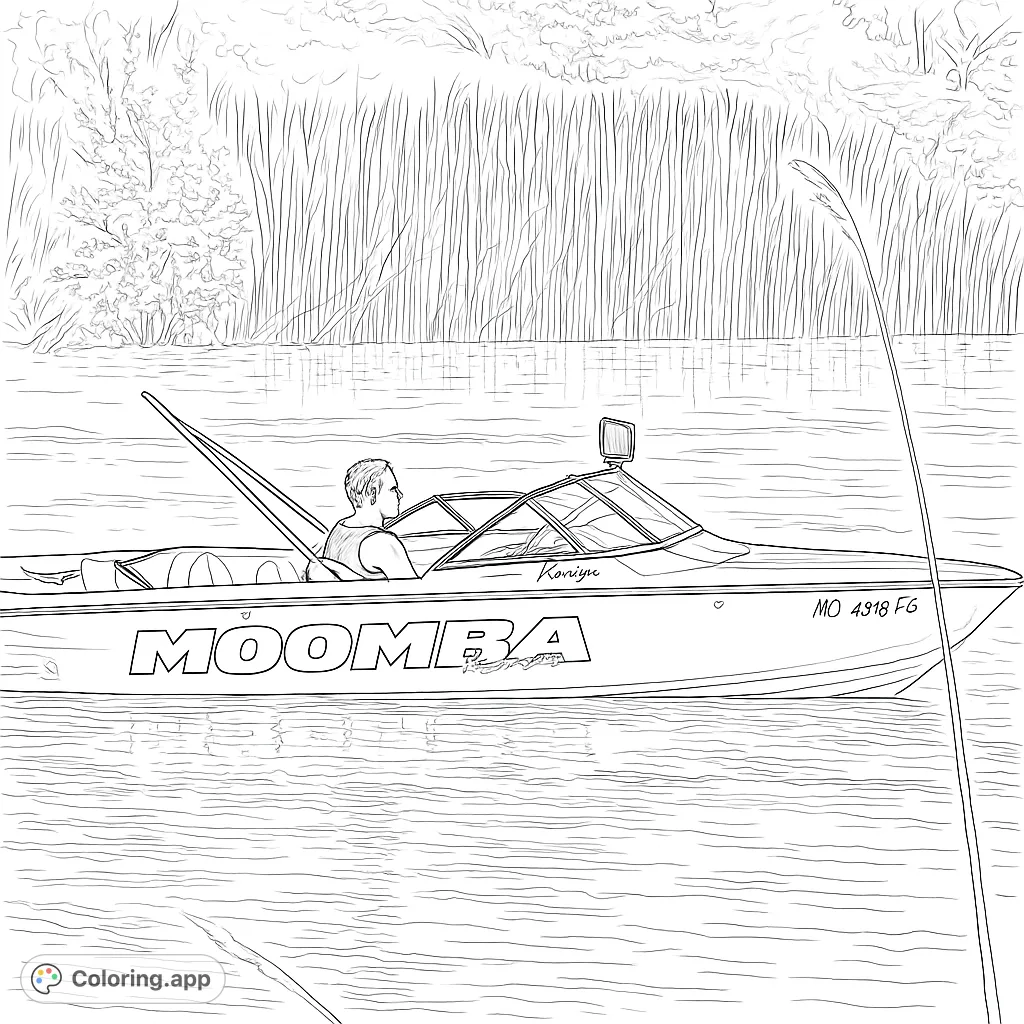 Experience serene waters with this realistic boat coloring page featuring a person at the helm, surrounded by tall reeds and calm reflections. Perfect for outdoor enthusiasts.