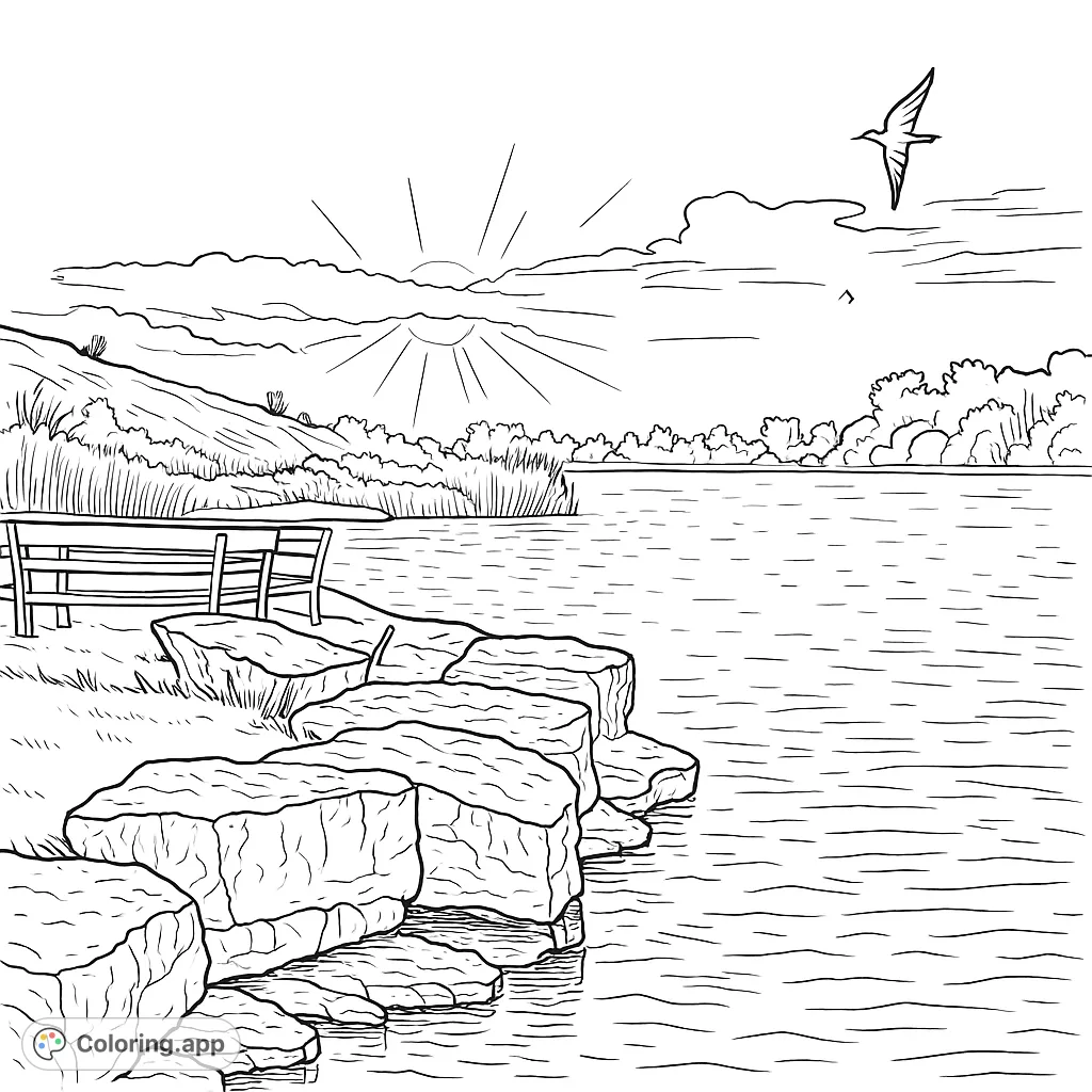 Capture the peaceful beauty of a lakeside sunset with a soaring bird, textured rocks, and a cozy bench. A serene nature scene for mindful coloring.