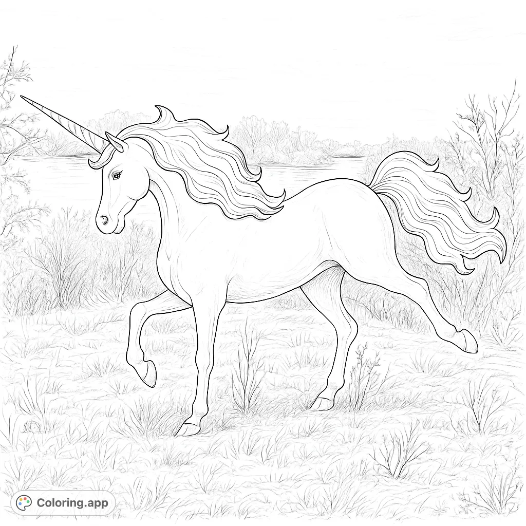 A majestic unicorn prances on a grassy bank beside a serene river, its flowing mane and tail ready for a burst of vibrant colors. A magical scene awaits your artistic touch.