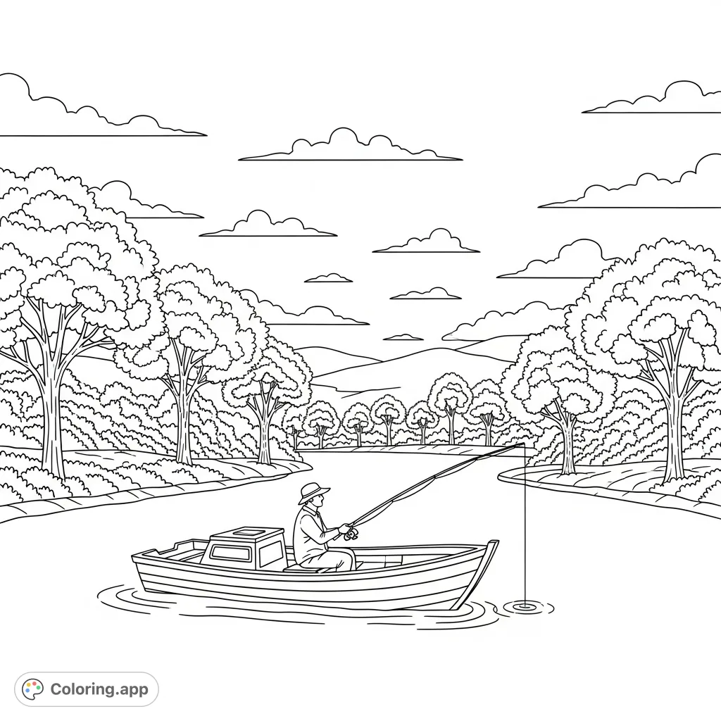 A serene fishing boat on a calm river, with a fisher patiently casting a line amidst natural riverbanks and distant hills. Perfect for a relaxing coloring experience.