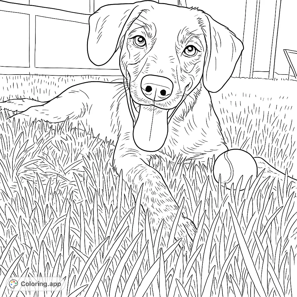 A cheerful dog with a speckled muzzle lies in a grassy field, tongue out, next to a tennis ball. A delightful scene for all ages.