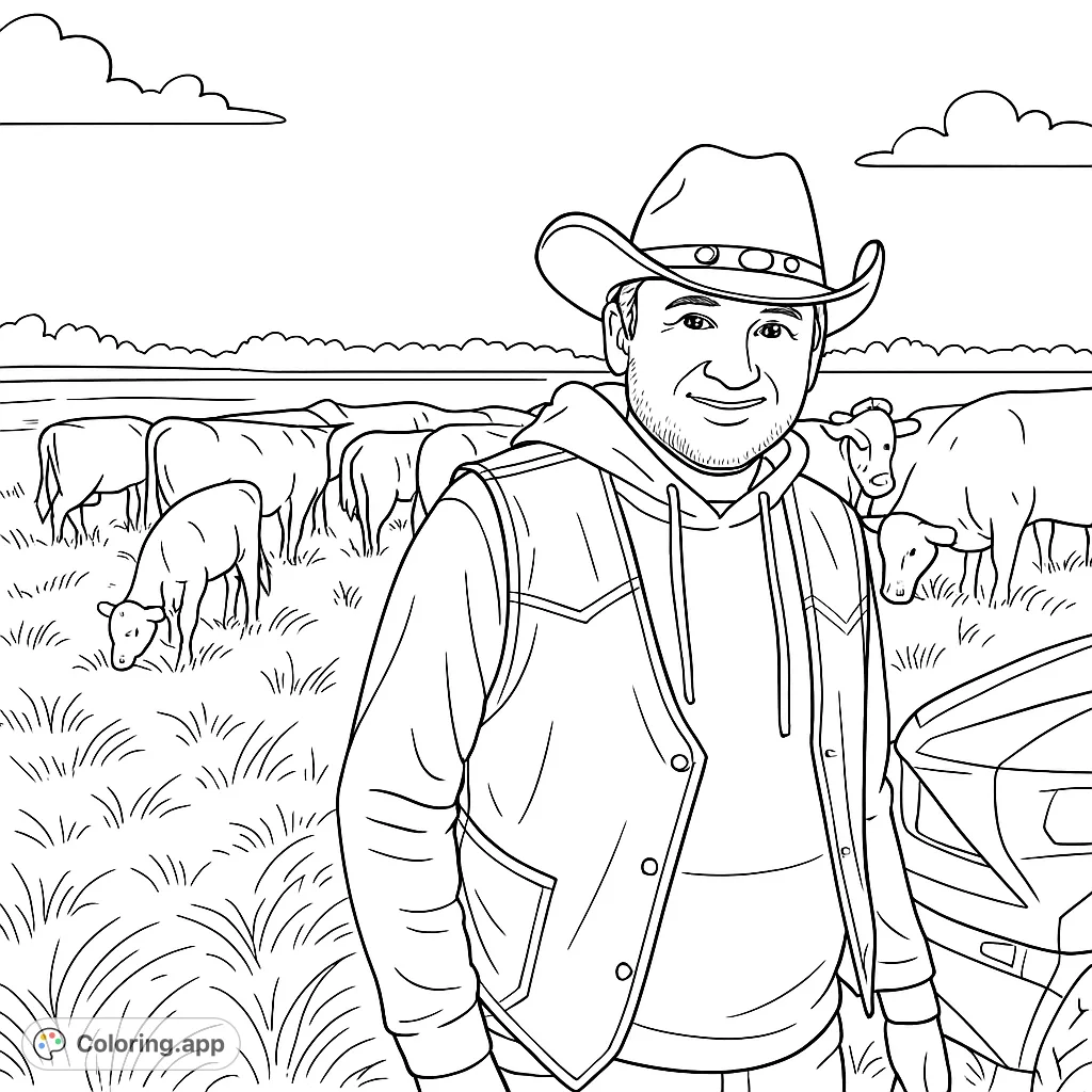 A friendly rancher in a cowboy hat stands before his cattle herd in a grassy field, with a pond and distant trees under a clear sky.