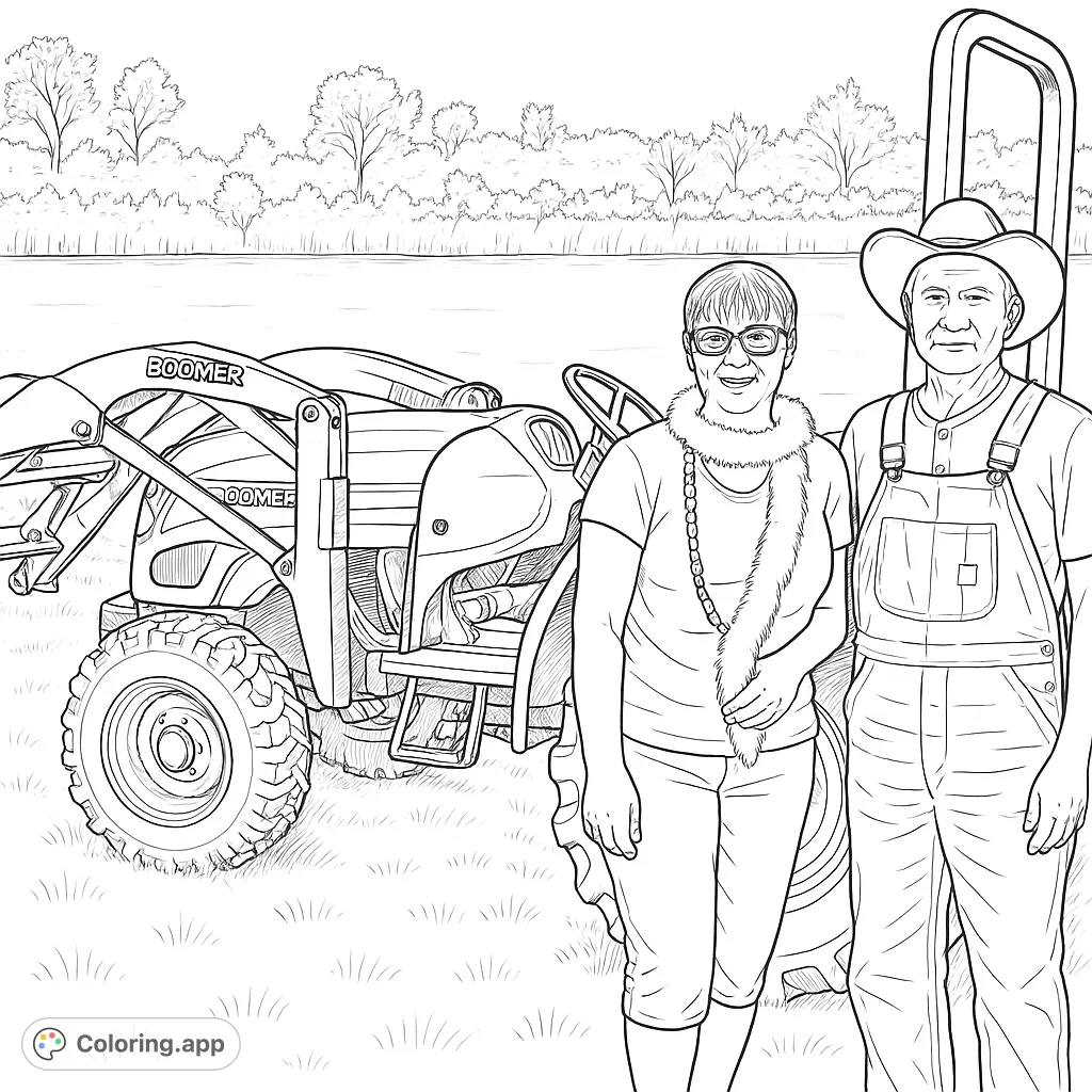 A cheerful rural couple poses with their tractor by a serene lake. This detailed coloring page captures a moment of farm life with a touch of fun.