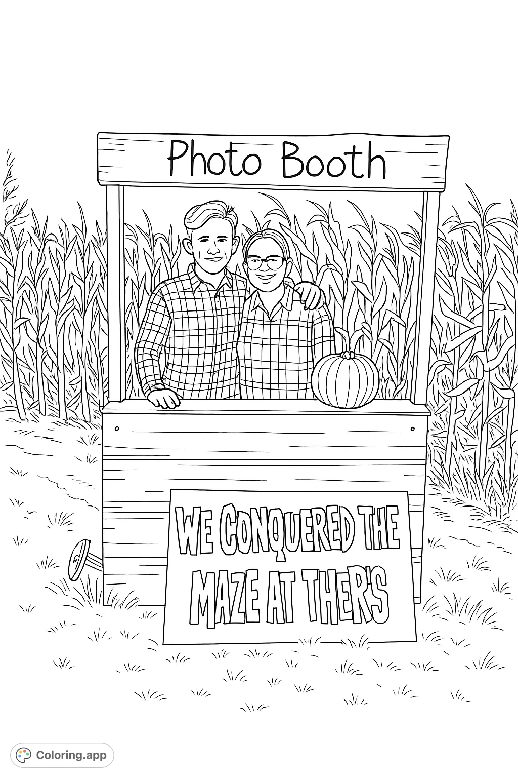 Capture a fun autumn memory with this corn maze photo booth coloring page. Features two smiling individuals, a pumpkin, and a rustic booth.