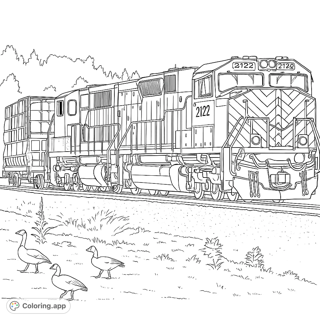 Color a detailed locomotive with chevron patterns, followed by freight cars, on a track with gravel. Three geese walk nearby, set against a backdrop of trees and sky.