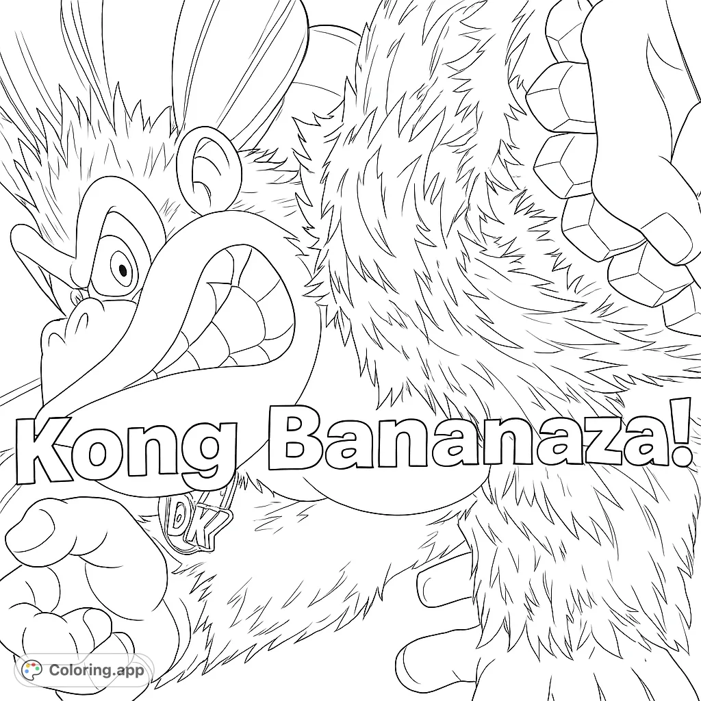 Color a mighty ape character with a fierce expression, detailed fur, and dynamic features. A powerful jungle king ready for your creative touch.