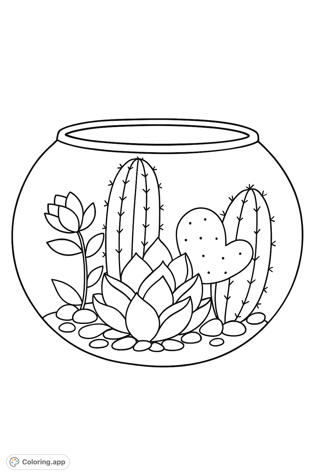 Explore a charming terrarium filled with various succulents and cacti, perfect for a relaxing botanical coloring experience.