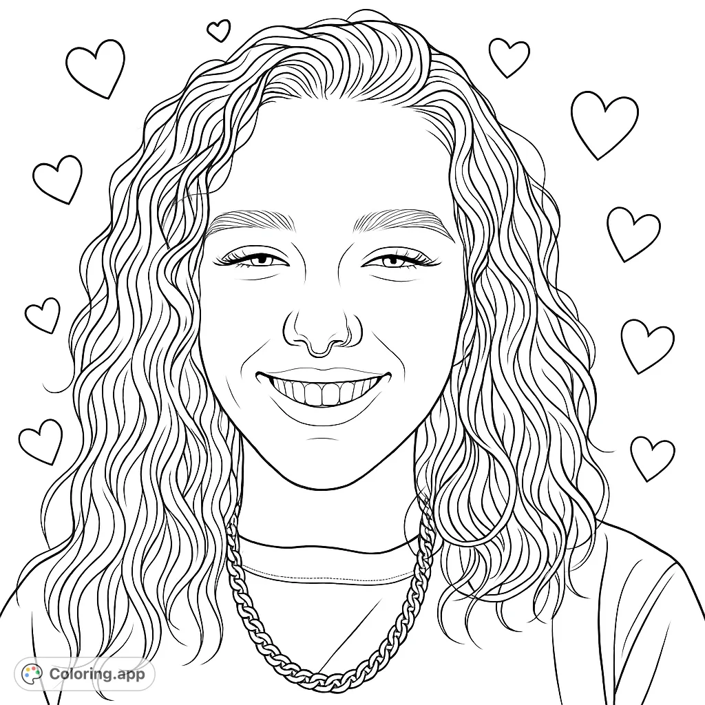 A realistic portrait coloring page featuring a smiling woman with voluminous curly hair and a chain necklace, enhanced with decorative heart patterns for a charming touch.