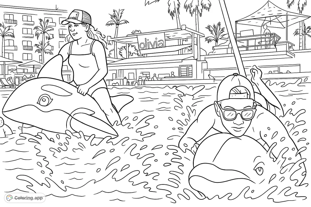Dive into a fun resort pool scene! A person rides an inflatable orca while another splashes playfully, surrounded by palm trees and a lively pool bar.
