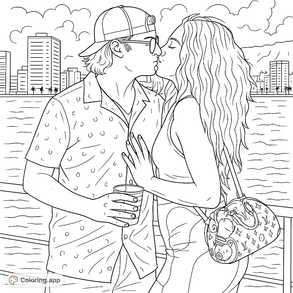Capture a tender moment between a couple kissing on a boat with a scenic cityscape background. A romantic and detailed coloring page for adults.