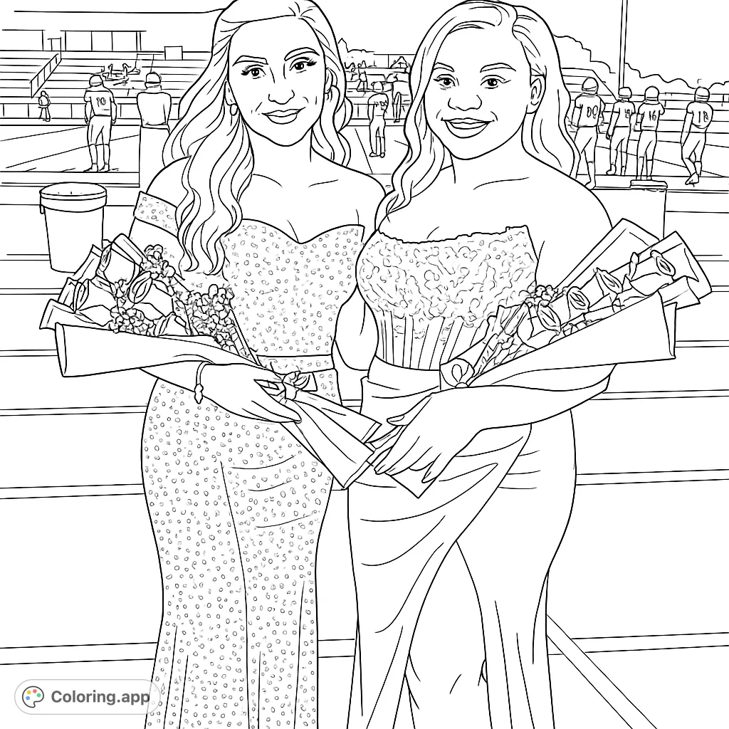 Two elegant women in formal gowns hold bouquets on a stadium track, celebrating a special event. A beautiful prom night coloring page for all ages.