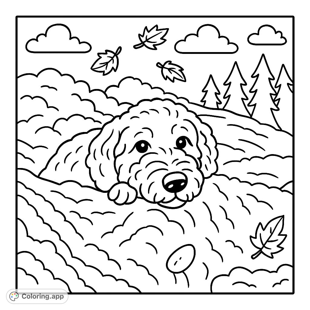 A charming cartoony dog rests peacefully on a textured sand pile, with distant trees and clouds in the background. A delightful scene for all ages!