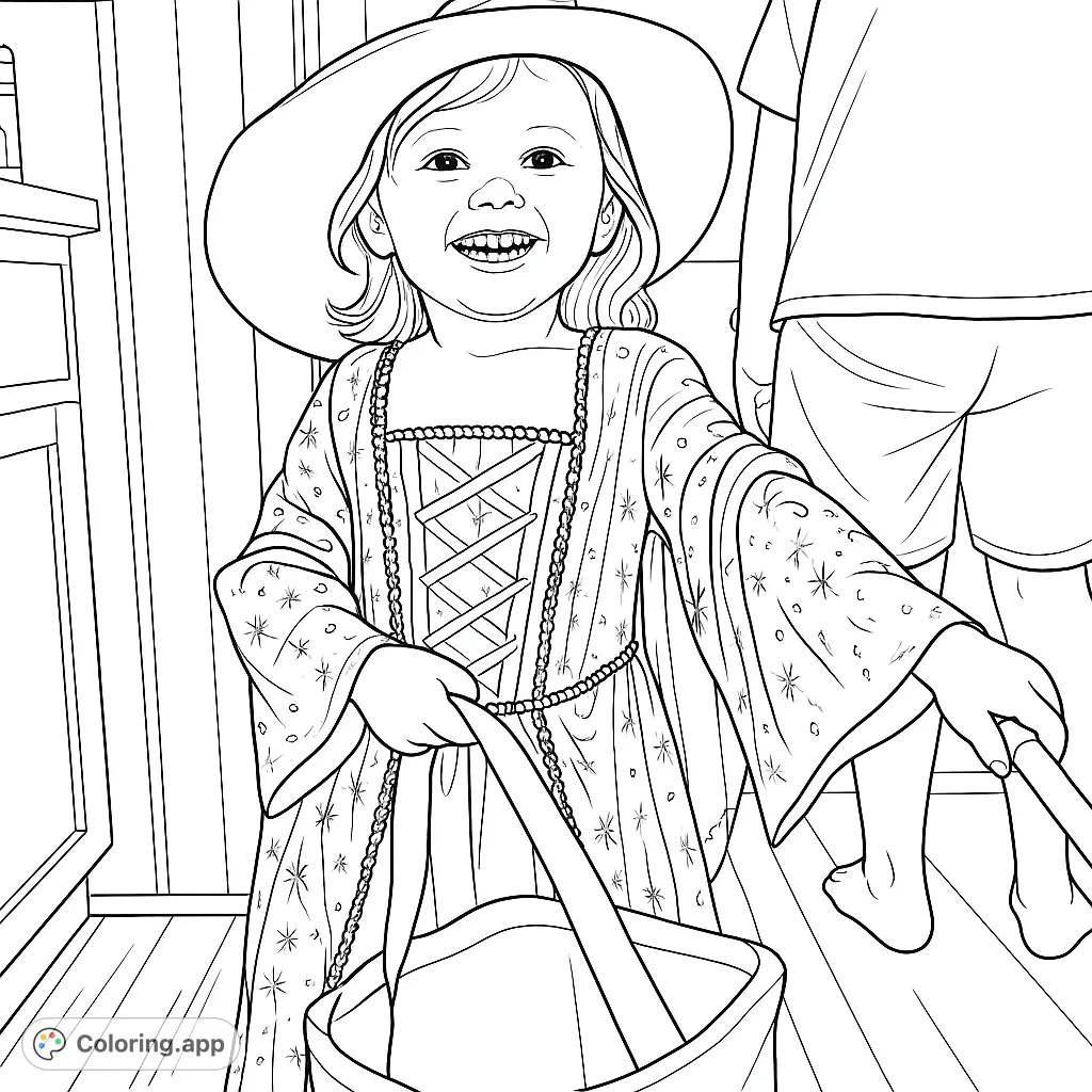 A delightful coloring page featuring a smiling child dressed in a charming witch costume with a wide hat and star-patterned robe, ready for a magical adventure.