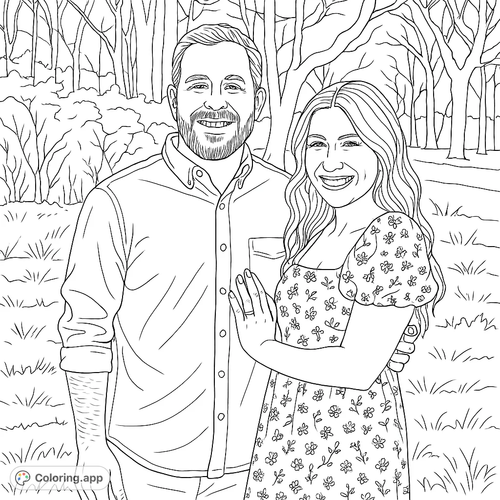 A heartwarming coloring page featuring a smiling couple embracing in a scenic outdoor setting, perfect for celebrating love and connection.