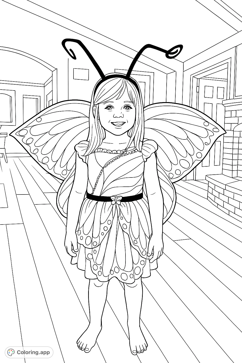 A delightful coloring page featuring a child in a detailed butterfly costume, complete with wings and antennae, ready for imaginative play.