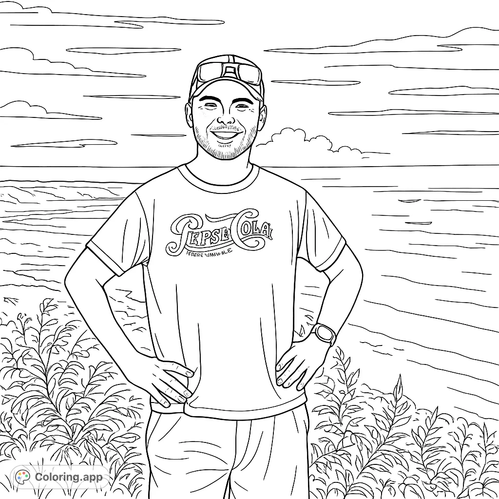 A cheerful man stands on a scenic overlook, hands on hips, with a vast ocean and distant land stretching behind him. Perfect for a relaxing coloring session.