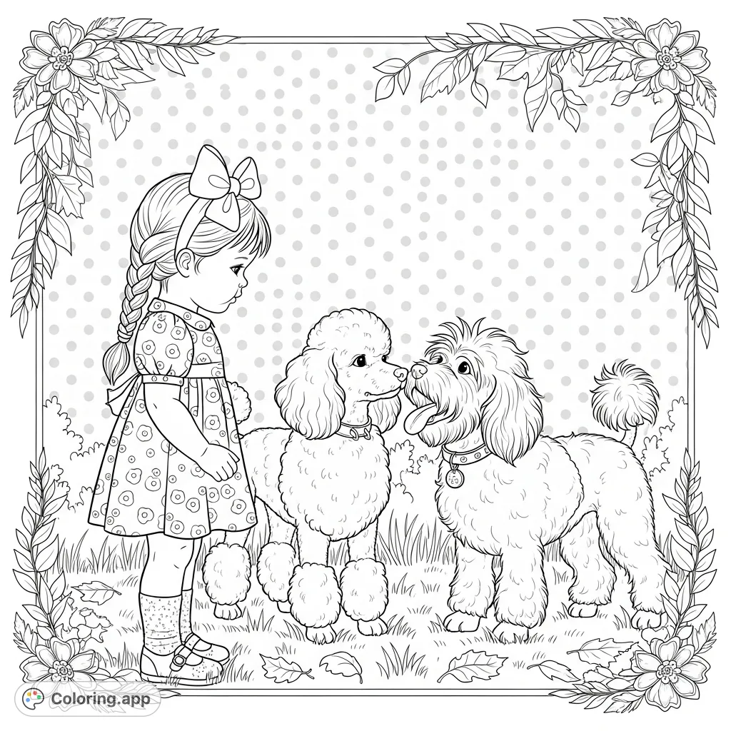 A charming scene featuring a child with braided hair and a large bow interacting with two distinct poodles in a grassy setting with scattered leaves and a polka dot background.