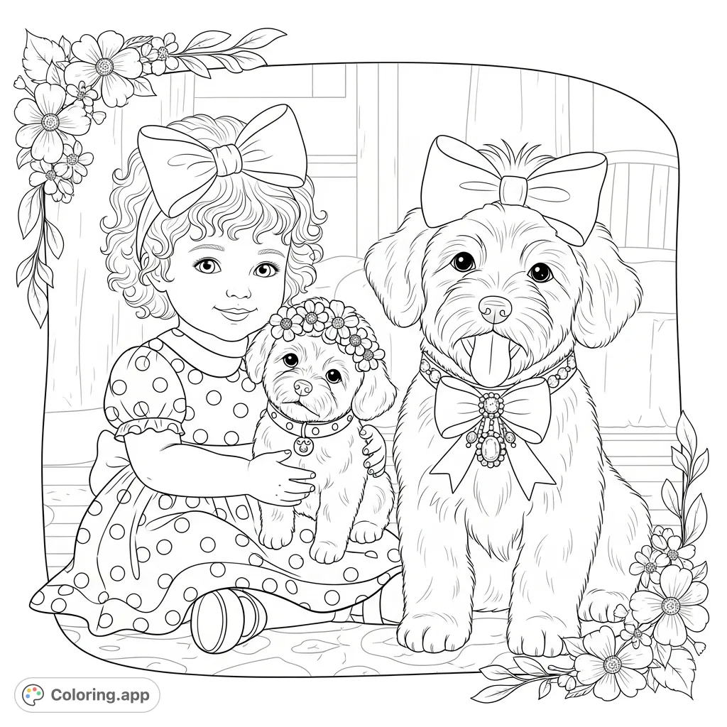 A heartwarming scene featuring a child with a bow embracing a fluffy puppy, while another playful puppy sits nearby. Perfect for a delightful coloring experience.