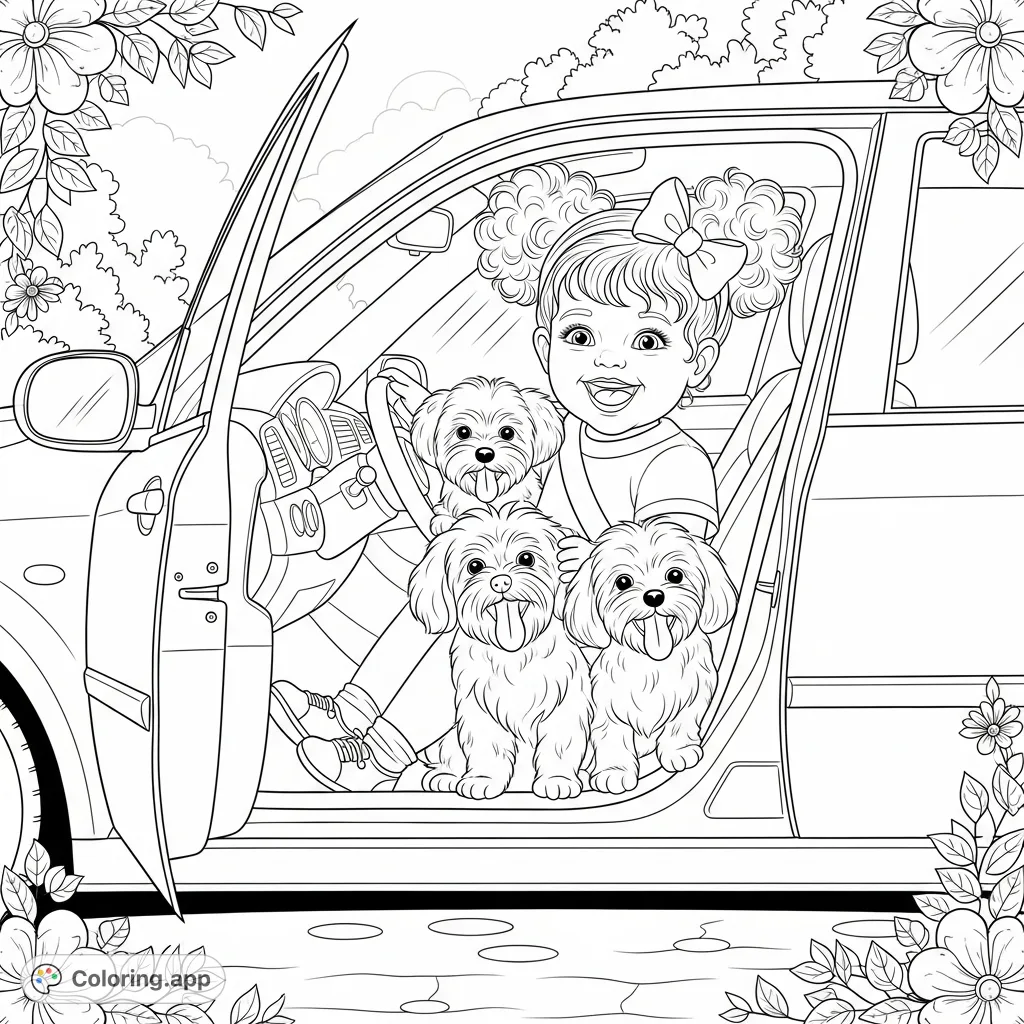 A joyful child with curly hair and two fluffy dogs share a happy moment in a car. Perfect for a fun car adventure coloring page.